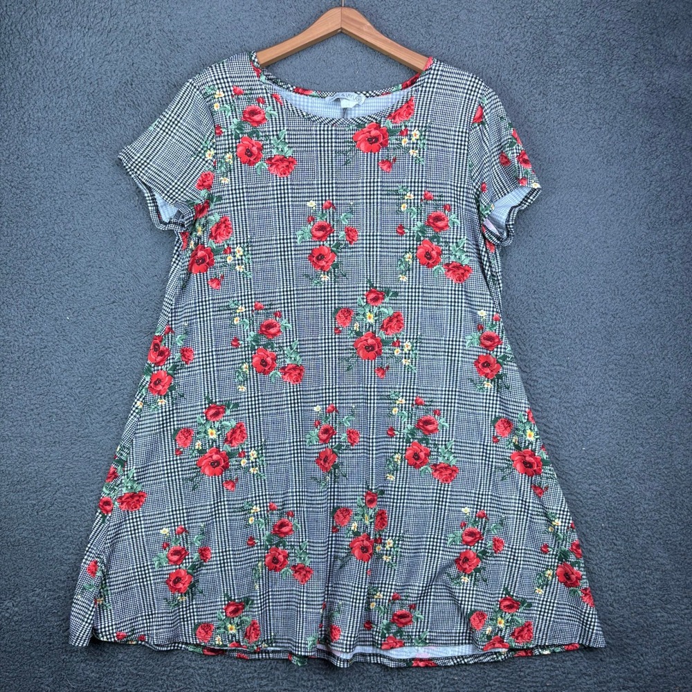 Jamie & Layla Womens XL Floral Plaid T-Shirt Dress Black White Red Rose